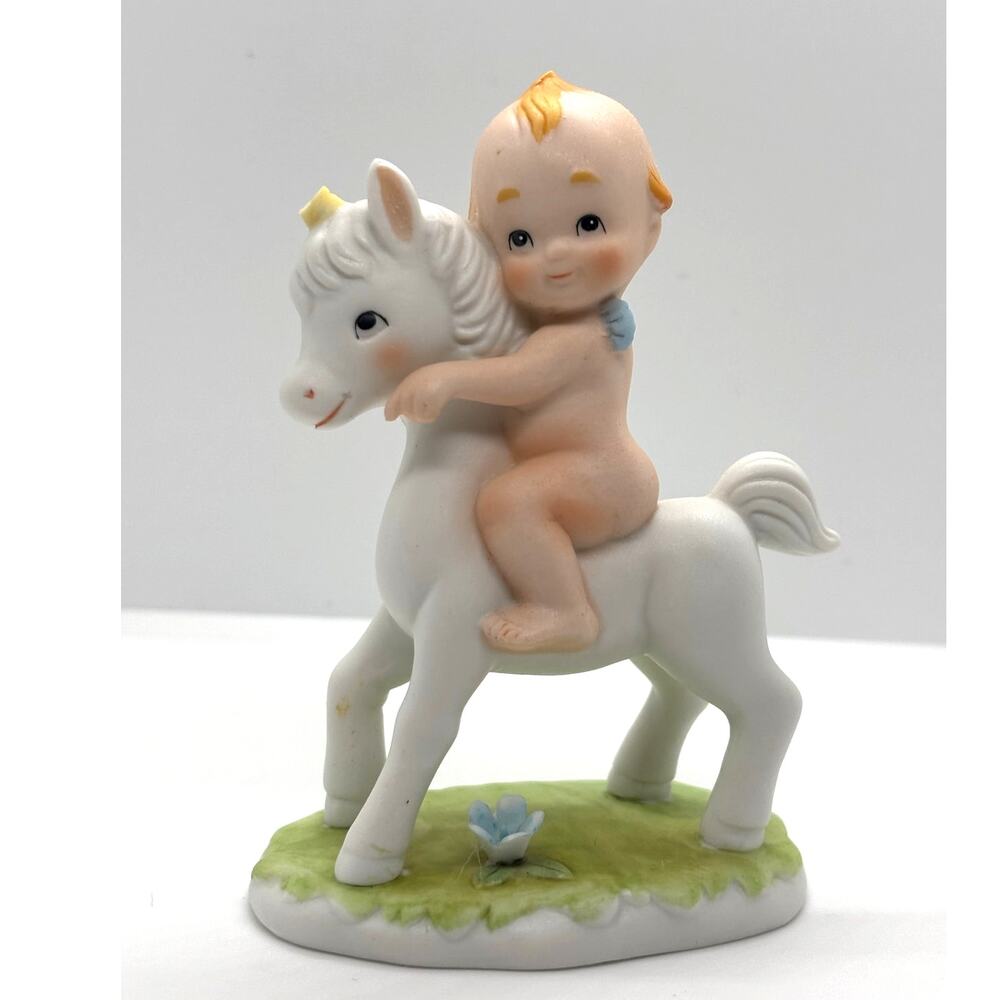 VTG 1985 Lefton Porcelain Kewpie Doll Riding Unicorn/Horse Figurine - READ